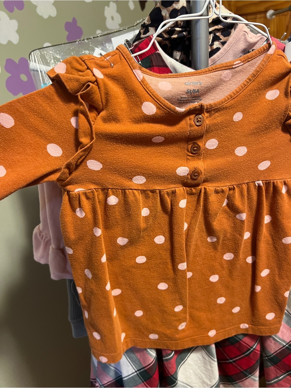 Carter's Rust Orange Long-Sleeve Polka Dot Top with Ruffle Shoulders